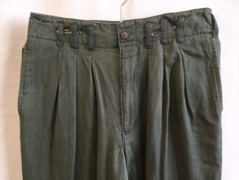 MANEUVERS, Olive Green, Cotton, Rayon, Solid, 2" Waistband with 2 Sets of Triple Belt Hoops Front, 3 Pleat, Button Front, 3 Pockets (worn Out Holes/fray Front & Back)