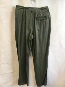 Mens, Pants, MANEUVERS, Olive Green, Cotton, Rayon, Solid, 31/34, 2" Waistband with 2 Sets of Triple Belt Hoops Front, 3 Pleat, Button Front, 3 Pockets (worn Out Holes/fray Front & Back)