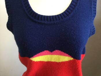Womens, Vest, FULLY FASHIONED, Navy Blue, Red, Pink, Yellow, Acrylic, Color Blocking, B 34, Scoop Neck, Lips on Front, Pullover,