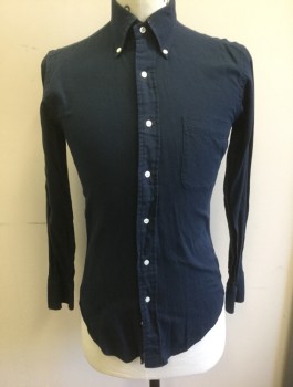 THOM BROWNE, Navy Blue, Cotton, Solid, Flannel, Long Sleeve Button Front, Collar Attached, Button Down Collar, 1 Patch Pocket
