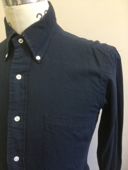 THOM BROWNE, Navy Blue, Cotton, Solid, Flannel, Long Sleeve Button Front, Collar Attached, Button Down Collar, 1 Patch Pocket