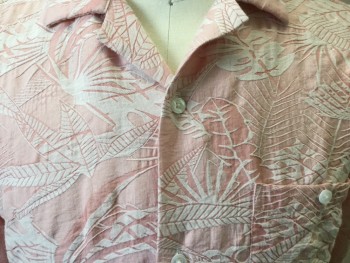 INSERCH, Pink, White, Rayon, Tencel, Tropical , Short Sleeves, Button Front, Collar Attached, 1 Pocket,