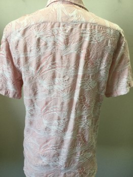 INSERCH, Pink, White, Rayon, Tencel, Tropical , Short Sleeves, Button Front, Collar Attached, 1 Pocket,