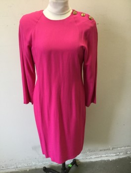PJ KLEIN, Fuchsia Pink, Acetate, Rayon, Solid, Faille, Long Raglan Sleeves, Shoulder Pads, Round Neck, 3 Large Gold Buttons at Left Shoulder, Shift Dress, Knee Length,