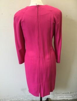 PJ KLEIN, Fuchsia Pink, Acetate, Rayon, Solid, Faille, Long Raglan Sleeves, Shoulder Pads, Round Neck, 3 Large Gold Buttons at Left Shoulder, Shift Dress, Knee Length,