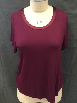 Womens, Top, ALFANI, Maroon Red, Rayon, Spandex, Solid, 2X, Round Neck with 3/4" Satin Trim, Cap Sleeves, Curved Hem