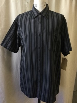 HAGGAR, Black, Gray, White, Polyester, Stripes, Button Front, Collar Attached, Short Sleeves, 1 Pocket,
