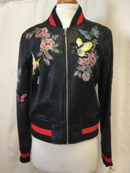 SILENCE & NOISE, Black, Red, Multi-color, Faux Leather, Floral, Animals, Zip Front, Black & Red Stripped Trim, Multi Color Floral, Bird & Butterfly Appliqué, Painted Floral Print, 2 Zip Pockets