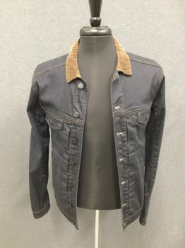 Mens, Jean Jacket, COMUNE, Black, Brown, Cotton, Spandex, Solid, M, Button Front, 4 Pockets, Long Sleeves, Brown Corduroy Collar Attached, (Very Slight Shoulder Burn)
