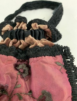 N/L, Lt Brown, Mauve Pink, Black, Silk, Cotton, Floral, Solid, Reticule Purse, Crushed Velvet, Elastic Opening, Mauve with Floral Embroidery in Front, Black Trim and Small Loop Handle, Made To Order