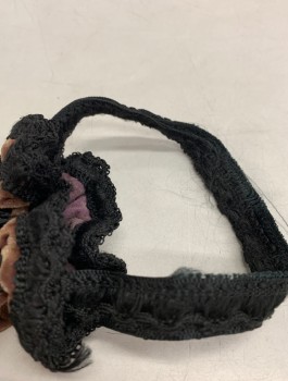 N/L, Lt Brown, Mauve Pink, Black, Silk, Cotton, Floral, Solid, Reticule Purse, Crushed Velvet, Elastic Opening, Mauve with Floral Embroidery in Front, Black Trim and Small Loop Handle, Made To Order