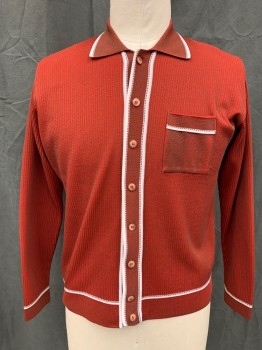 N/L, Red, Brown, Acrylic, Stripes, Cardigan, Ribbed Knit, Collar Attached, White Trip, 1 Pocket, Long Sleeves