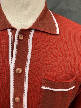 N/L, Red, Brown, Acrylic, Stripes, Cardigan, Ribbed Knit, Collar Attached, White Trip, 1 Pocket, Long Sleeves