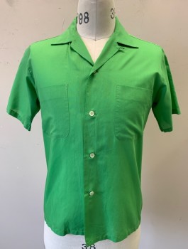 TOWNCRAFT PENNEY'S, Green, Cotton, Solid, Short Sleeves, Button Front, Collar Attached, 2 Patch Pockets,