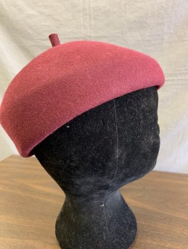N/L MTO, Red Burgundy, Wool, Solid, Felt, Beret Style, Self Cylindrical Tab at Top of Head, Made To Order Reproduction