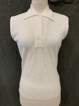 N/L, White, Nylon, Solid, Textured, Sleeveless, 3 Button Placket Front, Ribbed Knit Collar Attached, Ribbed Knit Waistband/Armhole Trim