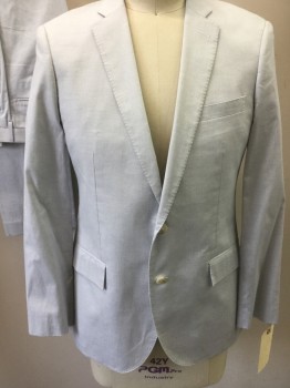 J.CREW, Lt Blue, Cotton, Solid, 2 Buttons,  Notched Lapel, 3 Pockets, White with a Navy Pin dot Weave