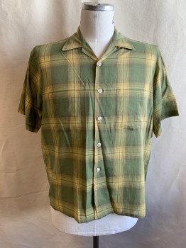 PENNEY'S TOWNCRAFT, Green, Ochre Brown-Yellow, Polyester, Cotton, Plaid, Button Front, Collar Attached, Short Sleeves, 2 Pockets