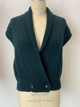 Womens, Vest, JH COLLECTIBLES, Dk Green, Wool, Solid, Cable Knit, B: 38, 2 Buttons, Double Breasted, Shawl Collar,