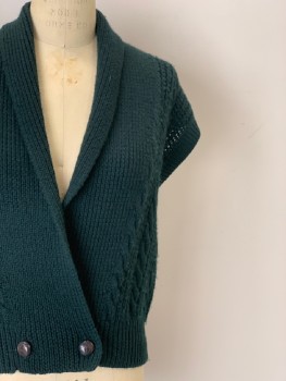 Womens, Vest, JH COLLECTIBLES, Dk Green, Wool, Solid, Cable Knit, B: 38, 2 Buttons, Double Breasted, Shawl Collar,