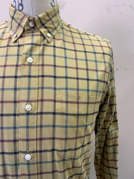 Mens, Casual Shirt, J. Crew, Dusty Yellow, Navy Blue, Red Burgundy, Blue, Cotton, Plaid - Tattersall, S, L/S, Button Front, Collar Attached, Chest Pocket