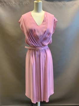 N/L, Lt Pink, Polyester, Solid, Cap Sleeves, V-Neck, V Shaped Pleats Across Bust, Elastic Waist, Knee Length, With Matching Belt (CF016153)