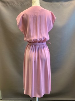N/L, Lt Pink, Polyester, Solid, Cap Sleeves, V-Neck, V Shaped Pleats Across Bust, Elastic Waist, Knee Length, With Matching Belt (CF016153)