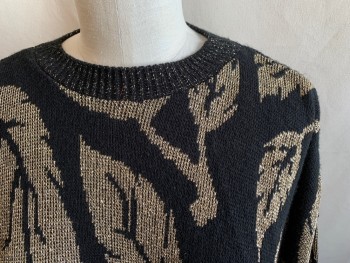 Womens, Sweater, DESIGNER KNIT, Black, Gold, Acrylic, Leaves/Vines , L, Metallic Gold Leaves, Ribbed Knit Collar Attached, Ribbed Knit Waistband/Cuff
