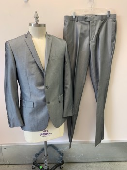 BAR III, Gray, Polyester, Viscose, Herringbone, Notched Lapel, Single Breasted, Button Front, 2 Buttons, 3 Pockets