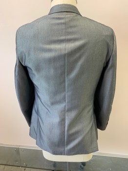 BAR III, Gray, Polyester, Viscose, Herringbone, Notched Lapel, Single Breasted, Button Front, 2 Buttons, 3 Pockets