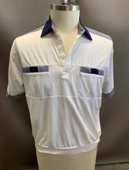 CLASSICS BY PALMLAND, Antique White, Navy Blue, Polyester, Cotton, Solid, Stripes, S/S 2 Pockets, 3 Buttons Stripe Details on Pockets,shoulders and Interior Collar