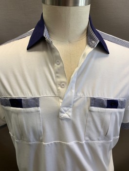 Mens, Shirt, CLASSICS BY PALMLAND, Antique White, Navy Blue, Polyester, Cotton, Solid, Stripes, L, S/S 2 Pockets, 3 Buttons Stripe Details on Pockets,shoulders and Interior Collar