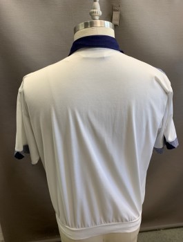 Mens, Shirt, CLASSICS BY PALMLAND, Antique White, Navy Blue, Polyester, Cotton, Solid, Stripes, L, S/S 2 Pockets, 3 Buttons Stripe Details on Pockets,shoulders and Interior Collar