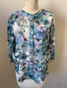 Womens, Blouse, NYDJ, Multi-color, Aqua Blue, Mint Green, Gray, Lavender Purple, Polyester, Floral, Abstract , Petite, XXS, Watercolor Flowers Pattern, Crepe, 3/4 Sleeves, 5 Button Placket, Band Collar,  1 Welt Pocket, Cascade of Vertical Pleats at Center Back Neck