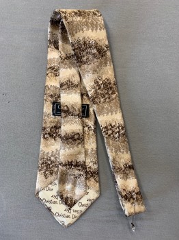 Mens, Tie, CHRISTIAN DIOR, Cream, Beige, Dk Brown, White, Silk, Abstract , O/S, Four in Hand