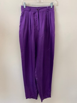 DIANE GILMAN, Purple, Silk, Solid, Pleated Front, Side Pockets, Single Back Pocket, Zip Front, Belt Loops,