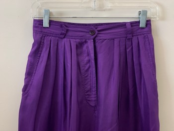 DIANE GILMAN, Purple, Silk, Solid, Pleated Front, Side Pockets, Single Back Pocket, Zip Front, Belt Loops,