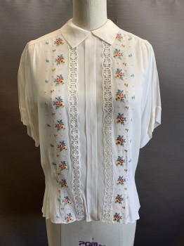 Womens, Top, NL, White, Polyester, Solid, Floral, B36, S/S, Button Back, Pink Yellow Green Blue Floral Embroidery, Lace Inserts,