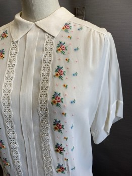 Womens, Top, NL, White, Polyester, Solid, Floral, B36, S/S, Button Back, Pink Yellow Green Blue Floral Embroidery, Lace Inserts,