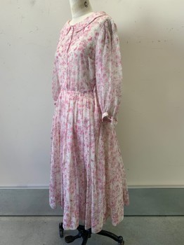 Womens, Evening Gown, NO LABEL, Pink, Baby Pink, Mauve Pink, Polyester, Abstract , W26, B36, L/S, Button Front, Collar Attached, Pleated, Side Zipper, Sheer