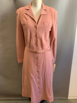 N/L, Dusty Pink, Wool, Solid, Long Sleeves, Button Front, Collar Attached, with Self Belt, 2 Pockets, Small Holes Throughout