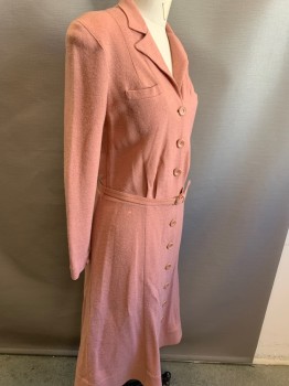 Womens, Dress, N/L, Dusty Pink, Wool, Solid, W 28, B 36, Long Sleeves, Button Front, Collar Attached, with Self Belt, 2 Pockets, Small Holes Throughout