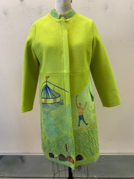 Womens, Coat, Stylewe, Lime Green, Blue, Red, Wool, Polyester, Solid, M, L/S, Stand Collar, Double Zipper, Side Pockets, Embroiderred Drawing