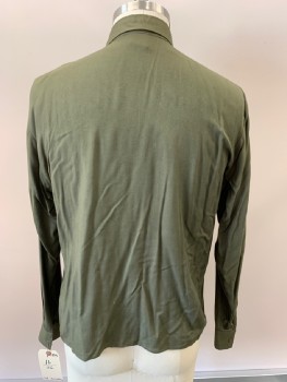Mens, Shirt, OUR GENERATION, Dk Olive Grn, Rayon, Solid, 16/36, L/S, B/F, C.A., 1 Pocket, Small Hole On Shoulder