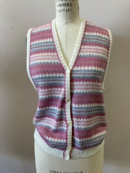 Womens, Vest, D' ALLAIRDS, B:36, Cream/Dusty Rose/Gray Horizontal Pattern Stripe, Acrylic Knit V-N, B.F.,