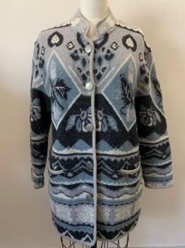 Womens, Sweater, STAPF, Pewter Gray, Black, Steel Blue, Lt Gray, Wool, Novelty Pattern, XL, Cardigan, L/S, Button Front, Collar Band, Top Pockets,