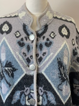 STAPF, Pewter Gray, Black, Steel Blue, Lt Gray, Wool, Novelty Pattern, Cardigan, L/S, Button Front, Collar Band, Top Pockets,