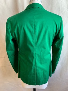 Mens, Sportcoat/Blazer, MOSCHINO, Green, Cotton, Elastane, Solid, 40R, SB.with Hand Pick Stitching Along C.A., Peaked Lapel, 2 Flap Pockets, CB Vent,