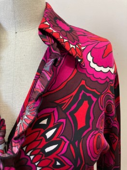 Womens, Blouse, TRINA TURK, Red, Hot Pink, Black, Red Burgundy, White, Polyester, Floral, Abstract , M, C.A., V-N, L/S, Ruffle Trim Down Front, Snap Front,