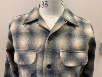 PENDLETON, Tan Brown, Lt Gray, Gray, Wool, Plaid, Long Sleeves, Button Front, 2 Pockets,